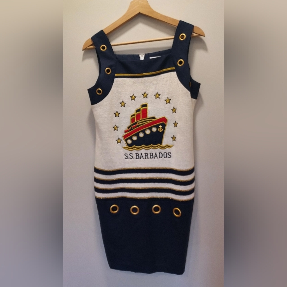 Vintage Barbados Cruise Preppy Yacht  Captains Pima Cotton  Embroidered Dress M